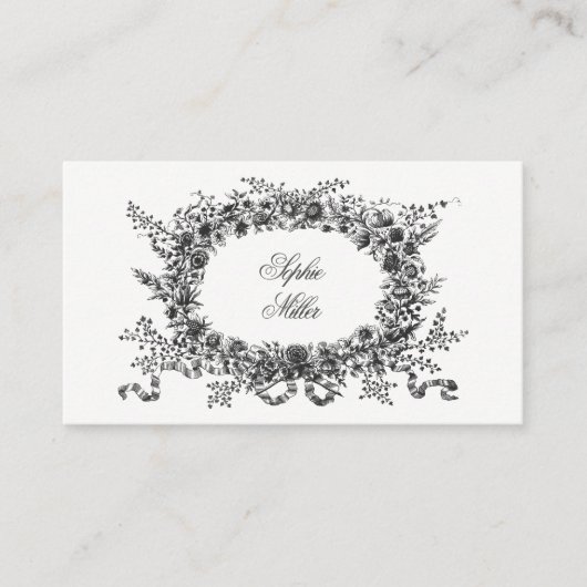 花のリースの名刺の白黒のヴィンテージ 名刺 (正面)
