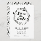 花のリースの手描きの保存日付カード 招待状 (正面/裏面)