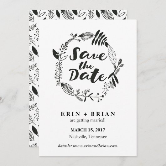 花のリースの手描きの保存日付カード 招待状 (正面/裏面)