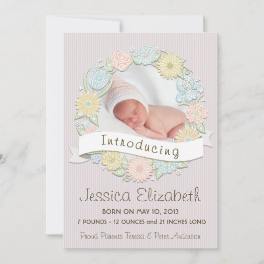 花のリースの誕生Anncouncement 案内状 (正面)