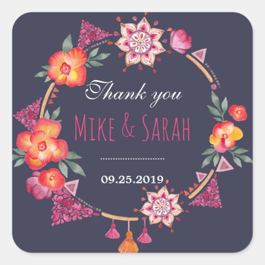 花のリース部族のパターンありがとうステッカー スクエアシール (正面)