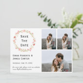 花のリース3枚写真の結婚式お知らせカード セーブザデート (スタンド正面)