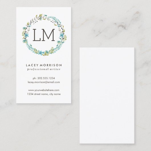 花のリース|のモダンで青い花柄 名刺 (正面/裏面)