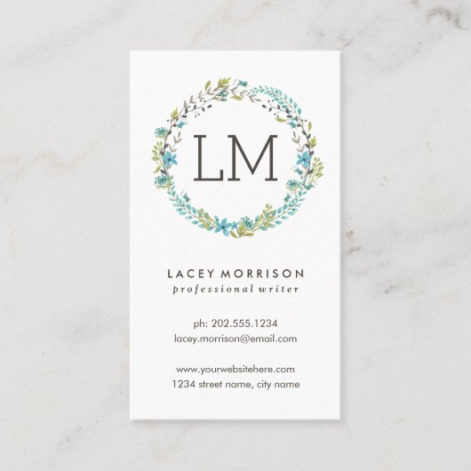 花のリース|のモダンで青い花柄 名刺 (正面)