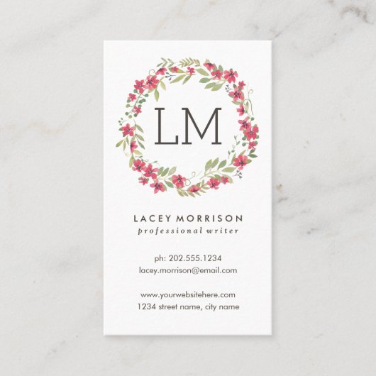 花のリース|のモダンなピンクの花柄 名刺 (正面)