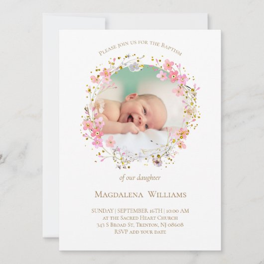 花のリース フォトフレーム | 洗礼招待状 招待状 (正面)