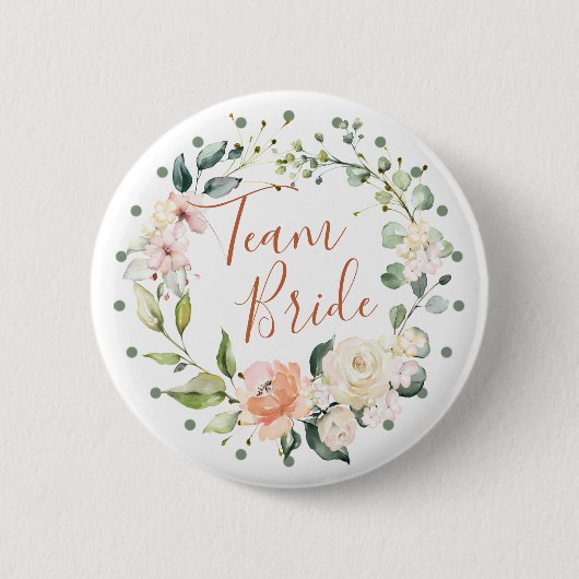 花のリース、緑の葉、水玉模様は花嫁を団結します 缶バッジ (正面)