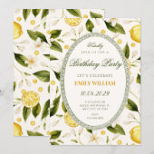 花のレモンイエローシームレスバースデー 招待状 (正面/裏面)