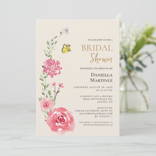 花のローズウォーターカラーの蝶 ブライダルシャワー 招待状 (スタンド正面)