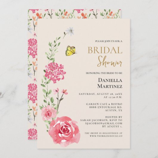 花のローズウォーターカラーの蝶 ブライダルシャワー 招待状 (正面/裏面)