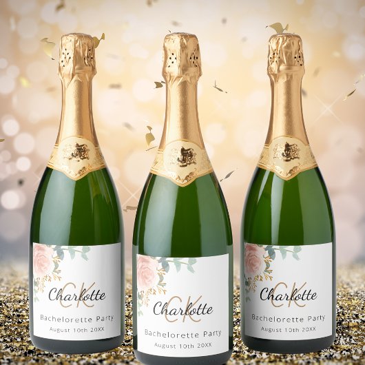 花のローズゴールドのモノグラム ブライズパーティー スパークリングワインラベル