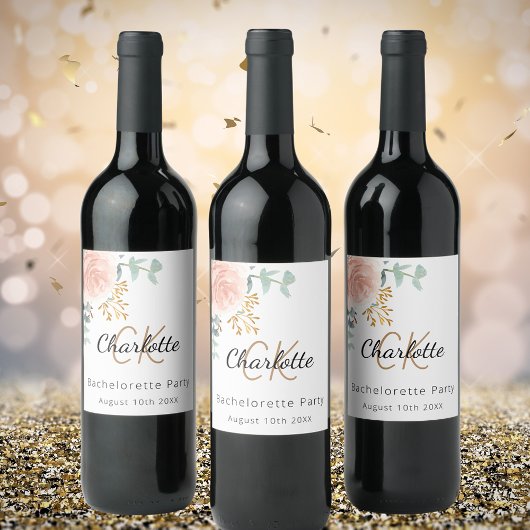 花のローズゴールドのモノグラム　ブライズパーティー ワインラベル