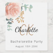 花のローズゴールドのモノグラム　ブライズパーティー ワインラベル (シングルラベル)