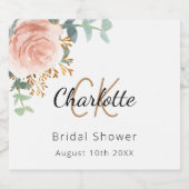 花のローズゴールドのモノグラム ブライダルシャワー スパークリングワインラベル (シングルラベル)