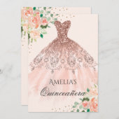 花のローズゴールドドレス 輝く キンセアニエラ 招待状 (正面/裏面)