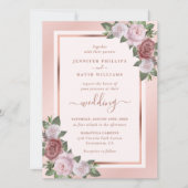 花のローズゴールド ネイビーブルー ブラッシュ ウェディング 招待状 (正面)