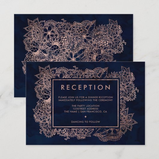 花のローズゴールド ネイビー 水彩画 受付 結婚式 招待状 (正面/裏面)