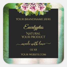 花のローズ ティール マーブル ブラック製品ラベル スクエアシール