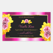 花のローズ ピンク ブラック 製品ラベル ゴールドフレーム 長方形シール (正面)