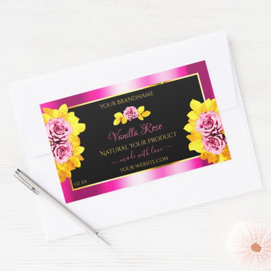 花のローズ ピンク ブラック 製品ラベル ゴールドフレーム 長方形シール (封筒)