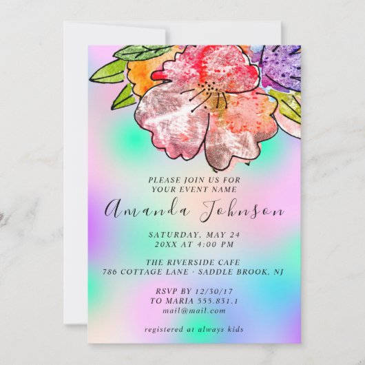 花のローズ ブライダルシャワー 誕生日 ホログラフ ブルー 招待状 (正面)