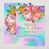 花のローズ ブライダルシャワー 誕生日 ホログラフ ブルー 招待状 (正面/裏面)