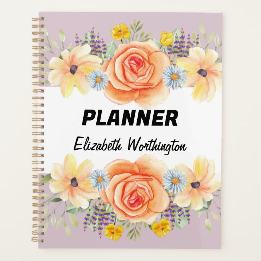 花のローズ 水彩 タイポグラフィ テキスト プランナー手帳 (正面)