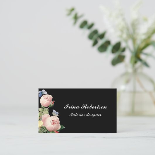 花のヴィンテージのばら色のモダンで黒い名刺 名刺 (スタンド正面)