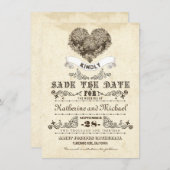 花のヴィンテージのハートのユニークな保存日付カード セーブザデート (正面/裏面)