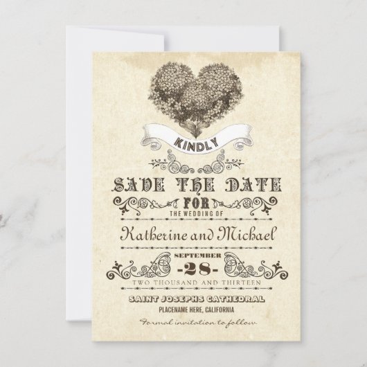 花のヴィンテージのハートのユニークな保存日付カード セーブザデート (正面)