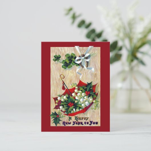 花のヴィンテージの新年の傘 シーズンポストカード (スタンド正面)