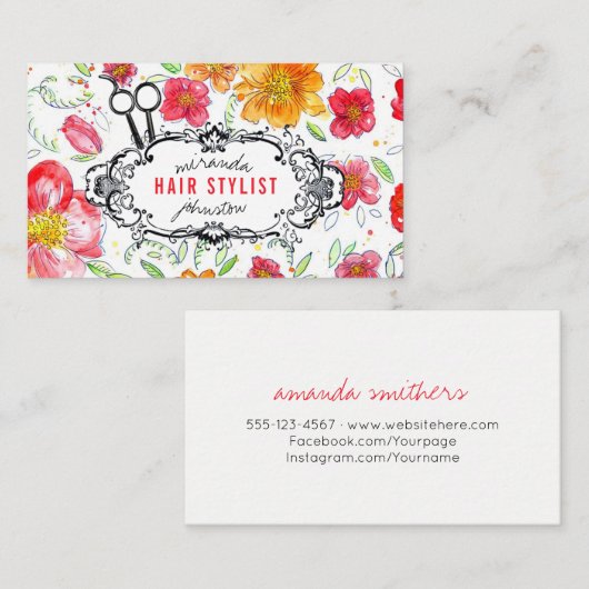 花のヴィンテージの美容師の美容師は縞で飾ります 名刺 (正面/裏面)