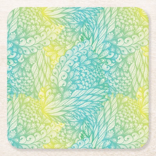 花のヴィンテージの黄色および青の勾配 スクエアペーパーコースター (正面)