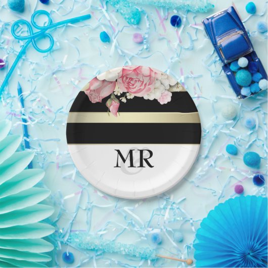 花のヴィンテージの黒の金ゴールドの白のストライプの結婚 ペーパープレート (パーティー)