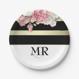 花のヴィンテージの黒の金ゴールドの白のストライプの結婚 ペーパープレート