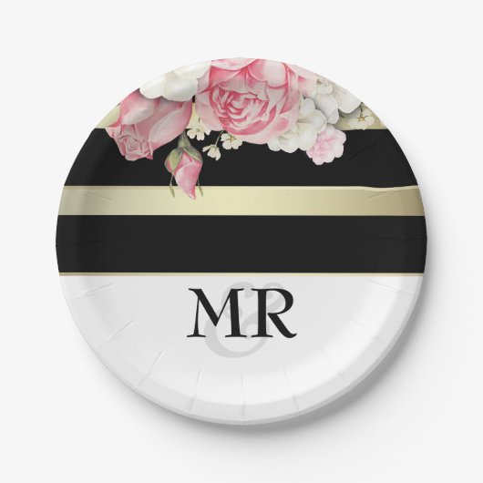 花のヴィンテージの黒の金ゴールドの白のストライプの結婚 ペーパープレート (正面)