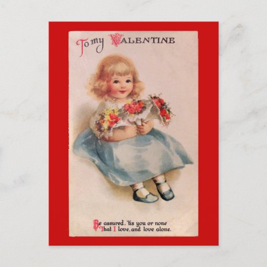 花のヴィンテージのValentinの郵便はがきを持つ小さな女の子 シーズンポストカード (正面)