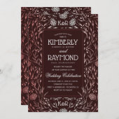 花のヴィンテージバーガンディおよびばら色の金ゴールドの結婚 招待状 (正面/裏面)