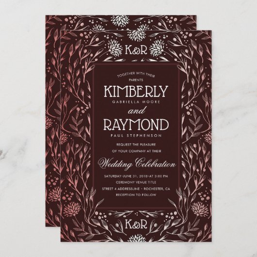 花のヴィンテージバーガンディおよびばら色の金ゴールドの結婚 招待状 (正面/裏面)