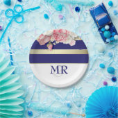 花のヴィンテージ海軍金ゴールドの白のストライプの結婚 ペーパープレート (パーティー)