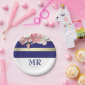 花のヴィンテージ海軍金ゴールドの白のストライプの結婚 ペーパープレート (パーティー)