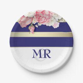 花のヴィンテージ海軍金ゴールドの白のストライプの結婚 ペーパープレート