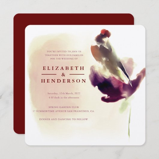 花の上にシックなブルゴーニュの水結婚色の鳥 招待状 (正面/裏面)