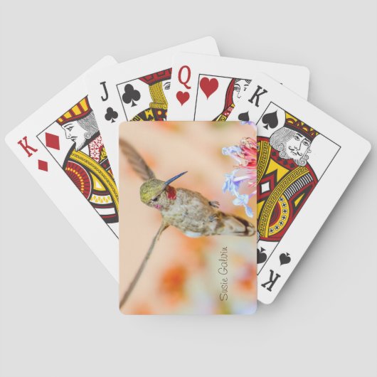 花の上にピンクの喉をかき飛んでいる立てたハチドリ トランプ (裏面)