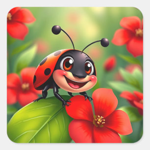 花の上に座っているスマイルするキャラクターのテントウムシ スクエアシール