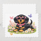 花の上のサングラスをかけた子犬と蝶々 サンキューカード (正面/裏面)