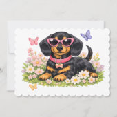 花の上のサングラスをかけた子犬と蝶々 サンキューカード (正面)