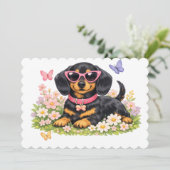 花の上のサングラスをかけた子犬と蝶々 サンキューカード (スタンド正面)