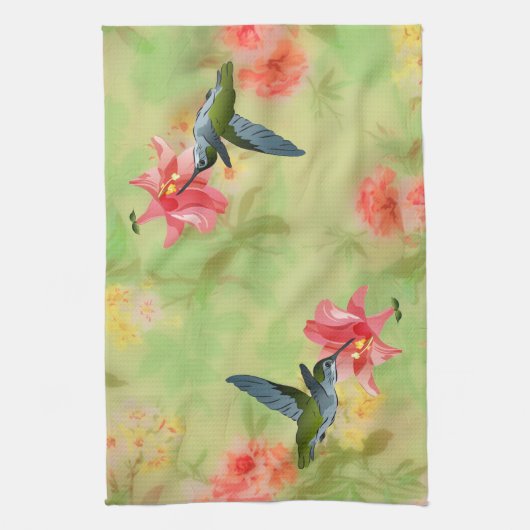 花の上のハミングバードとピンクのユリ キッチンタオル (縦)
