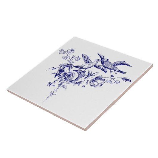 花の上の青と白の鳥 タイル (側面)